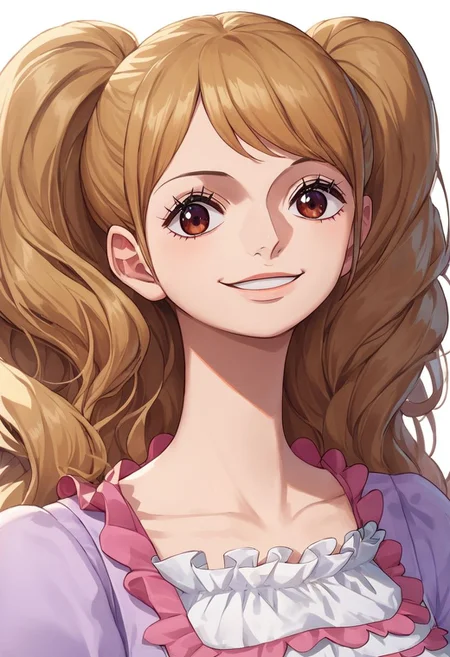 score_9, score_8_up, score_7_up, source_anime, solo, 1girl, Charlotte Pudding, light brown hair, pigtails, lips, brown eyes, frilly light-purple top, puffy light-purple pants, shoes, Two eyes, smile, portrait, close up, halfbody, looking at viewer, standing, white background