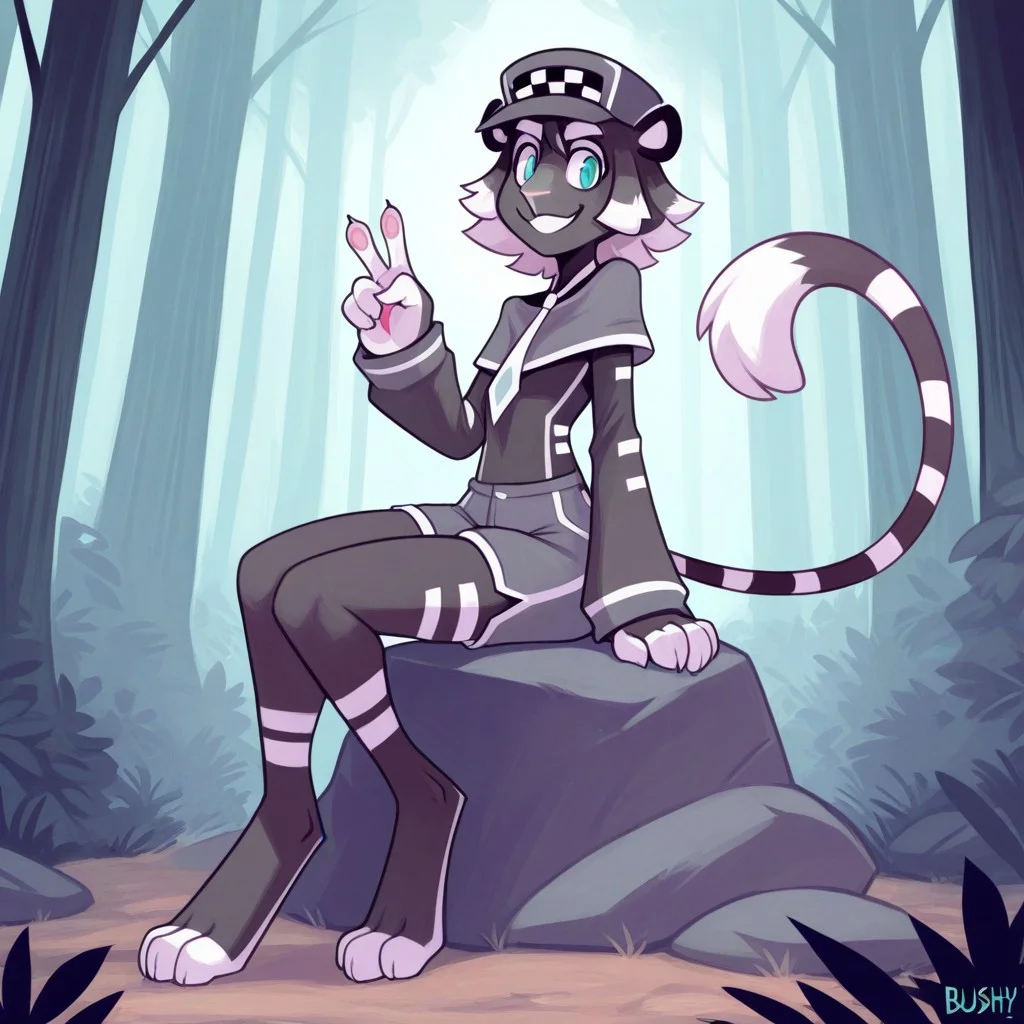 Charthur(F), Solo, 1girl, anthro, furry female, catgirl, tiger, Black fur, striped fur, striped fur, black and white hair, short hair, aqua eyes, white nose, long tail, Bushy tail, black cap, white necktie, covered shoulder, shorts, looking at viewer, v, full body, smiling, sitting on rock, forest background