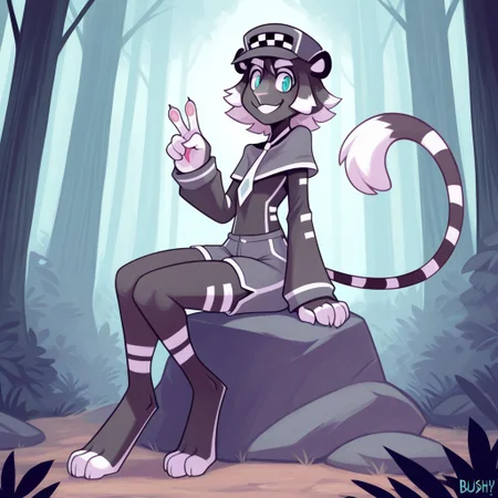Charthur(F), Solo, 1girl, anthro, furry female, catgirl, tiger, Black fur, striped fur, striped fur, black and white hair, short hair, aqua eyes, white nose, long tail, Bushy tail, black cap, white necktie, covered shoulder, shorts, looking at viewer, v, full body, smiling, sitting on rock, forest background