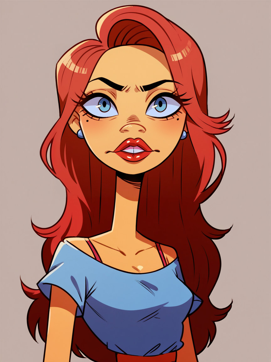 score_9, score_8_up, score_7_up, score_6_up, <lora:Dm4nXLP:1> dm4n, flat color, 1girl, duckman, long hair, lipstick,