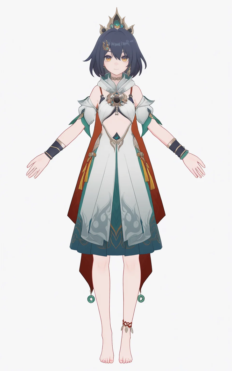 8k, best quality, masterpiece, (ultra-detailed), (high detailed skin),
(full body:1.25), (white background:1.4), (simple background), standing, looking at viewer, (solo:1.2),
<lora:yunli-a3-Tanger-000014:0.8>, yunli, default clothes, 1girl, solo, barefoot, dress, jewelry,