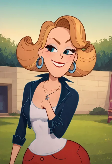 score_9, score_8_up, score_7_up, ultra quality, solo, 1girl, hoop earrings, red pants, blue jackets, Kitty Cartwright, short blond hair, smug smile, face focus, big hips, huge butt, bubble butt, curvy, narrow waist, standing, upper body, front view, looking to the viewer, close up,