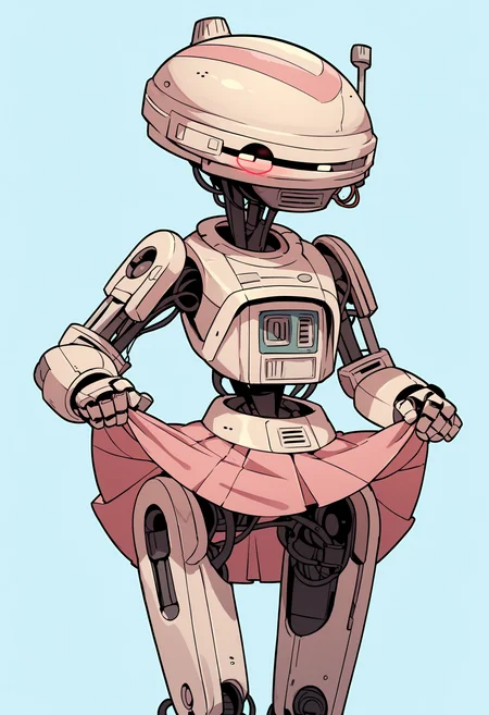score_9, score_8_up, score_7_up, score_6_up, score_5_up, score_4_up, 1girl, <lora:L337:0.85> solo, no humans, robot, humanoid robot, helmet, dance, wearing a pink dress, cute pose, blush, skirt lift,
light blue background, simple background,