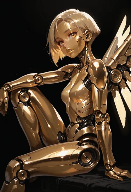 masterwork, masterpiece, best quality, dynamic lighting
1girl, solo, gold hair, android, joints, robot joints, gold eyes, very short hair, sitting, looking at viewer, wings, mechanical parts, knee up, science fiction, robot girl, black background, glowing, parted lips, mechanical wings, colored skin, from side, gold skin, robot, (gold skin, metallic skin:1.2), gold skin, bob, gold lips