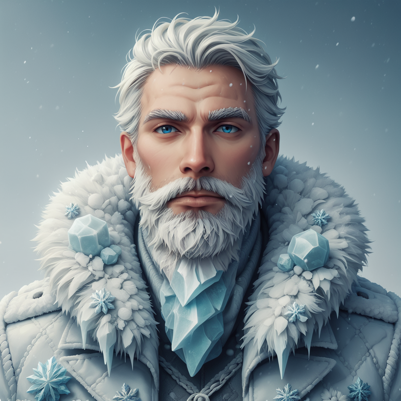 score_9, score_8_up, score_7_up, score_6_up, score_5_up, score_4_up, fr0stwrld, snow, ice  <lora:Fr0stWrld4:0.7> BREAK
human, male, upper body, white hair, blue eyes, looking at viewer, mouth closed, beard, white beard, fur coat