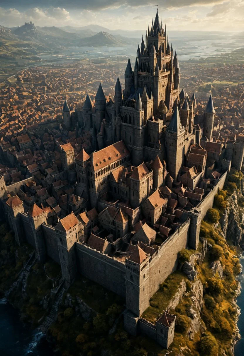 medieval-fantasy aesthetic, photograph, antiquity temples and fantasy mage towers mark distant skyline background , city surrounded by tall robust wall