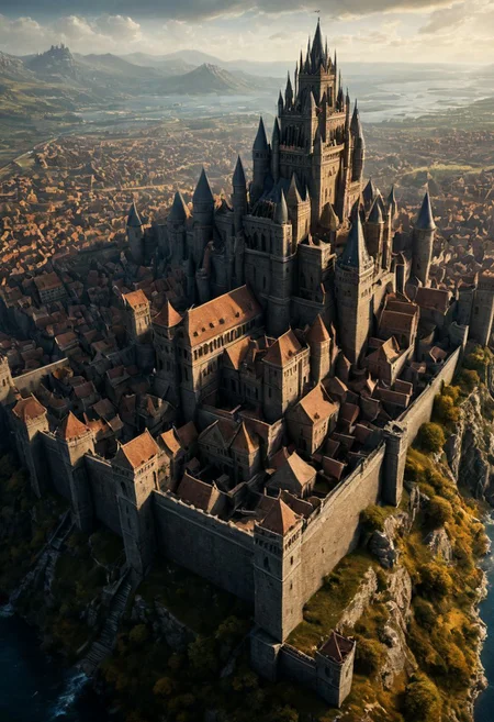 medieval-fantasy aesthetic, photograph, antiquity temples and fantasy mage towers mark distant skyline background , city surrounded by tall robust wall