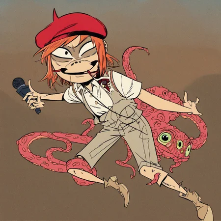 score_9, score_8_up, score_7_up, score_6_up, score_5_up, score_4_up, in hewlls artstyle, Axolotl Beetle, Circle Eye, Dot Pupils, Zig Zag Mouth, Red beret, White Vest, six tentacles legs, by Guillaume Renard \(skchkko\), looking at viewer, Evil Happy, holding Microphone, running, Desert, digital illustration, <lora:Jamie_Hewlett_GorillazTank_Girl_Style_Pony-000007:0.9>