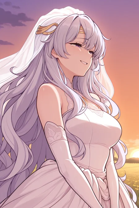 masterpiece, best quality, 1girl, solo, <lora:fedeirdre-illu-nvwls-v1-000006:1> basedrd, wavy hair, very long hair, purple eyes, circlet, wedding dress, bridal veil, elbow gloves, tearing up, smile, half-closed eyes, field, sunset, avoiding eye contact