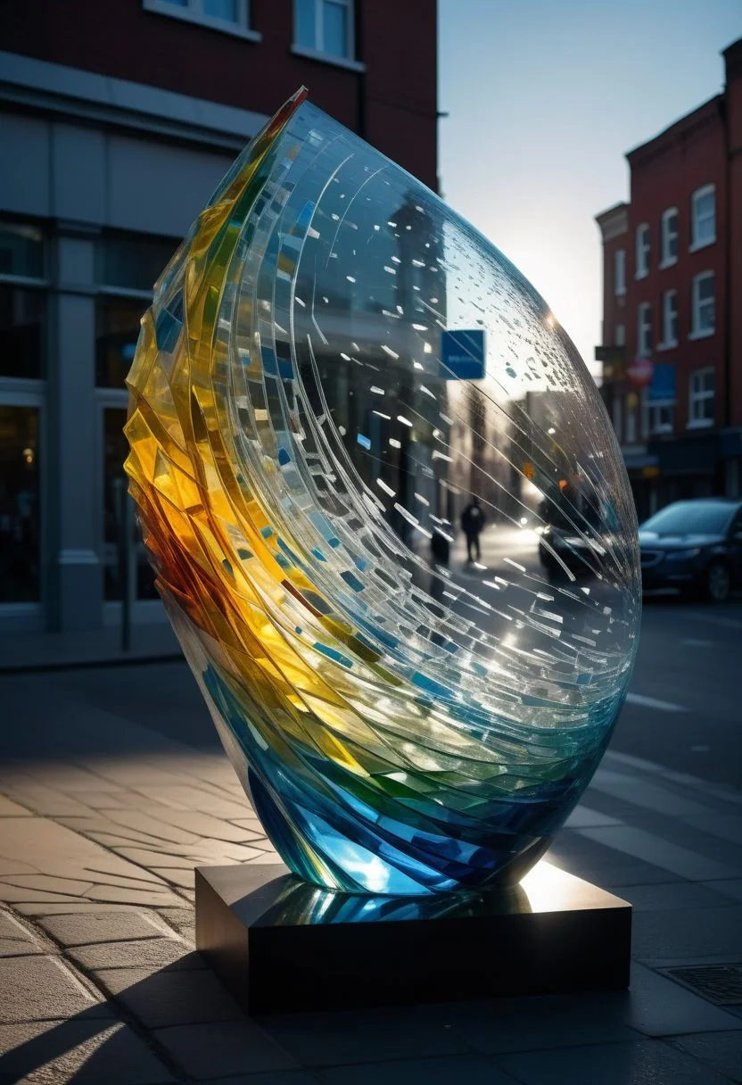 Streetview, a sculpture made of glass, dispersion phenomena, Dramatic light, cinematic, detailed texture, masterpiece,