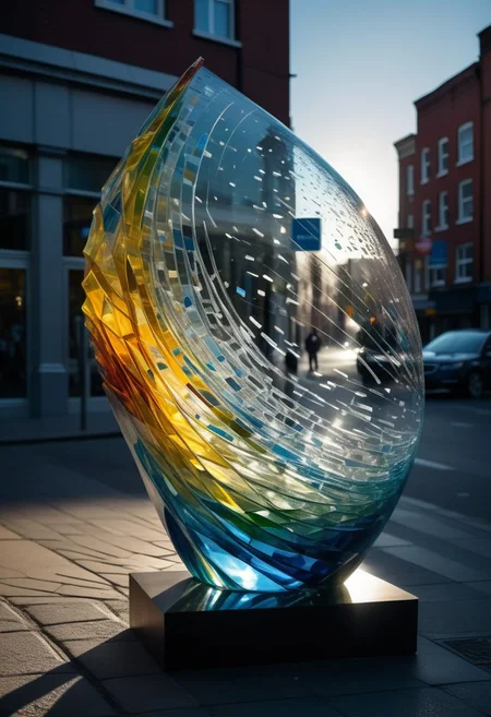 Streetview, a sculpture made of glass, dispersion phenomena, Dramatic light, cinematic, detailed texture, masterpiece,