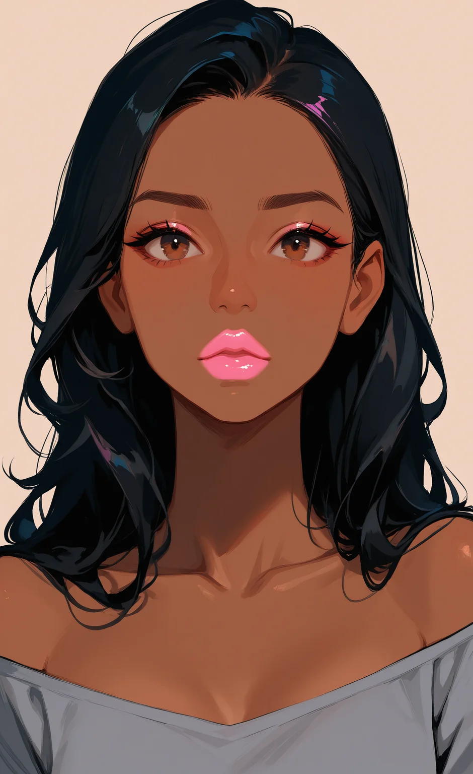 masterpiece, best quality, good quality, very awa, very aesthetic, absurdres, newest, 1girl, animification, black hair, brown background, brown eyes, collarbone, dark-skinned female, dark skin, grey shirt, hair behind ear, long hair, off-shoulder shirt, off shoulder, pink lips, pink nails, portrait, shirt, solo, straight-on <lora:ponyv6_noobV1_2_adamW-000017:0.7> <lora:USNR_STYLE_XL_lokr:0.45> <lora:EtherSDXL:0.15>