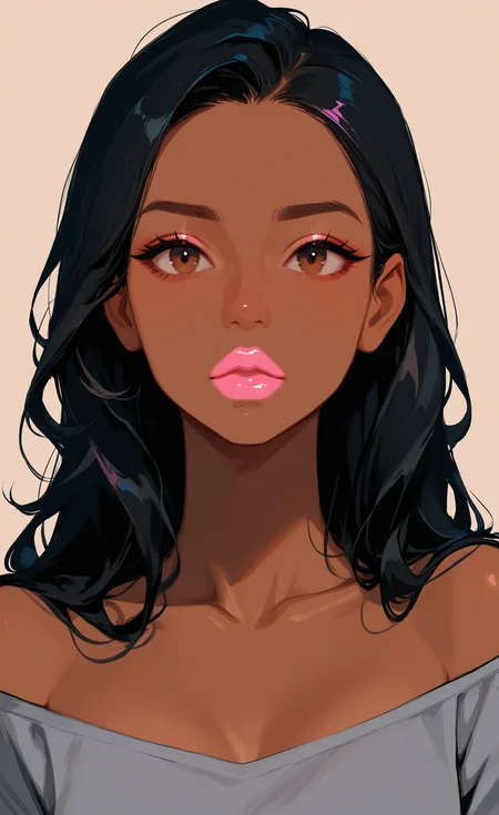 masterpiece, best quality, good quality, very awa, very aesthetic, absurdres, newest, 1girl, animification, black hair, brown background, brown eyes, collarbone, dark-skinned female, dark skin, grey shirt, hair behind ear, long hair, off-shoulder shirt, off shoulder, pink lips, pink nails, portrait, shirt, solo, straight-on <lora:ponyv6_noobV1_2_adamW-000017:0.7> <lora:USNR_STYLE_XL_lokr:0.45> <lora:EtherSDXL:0.15>
