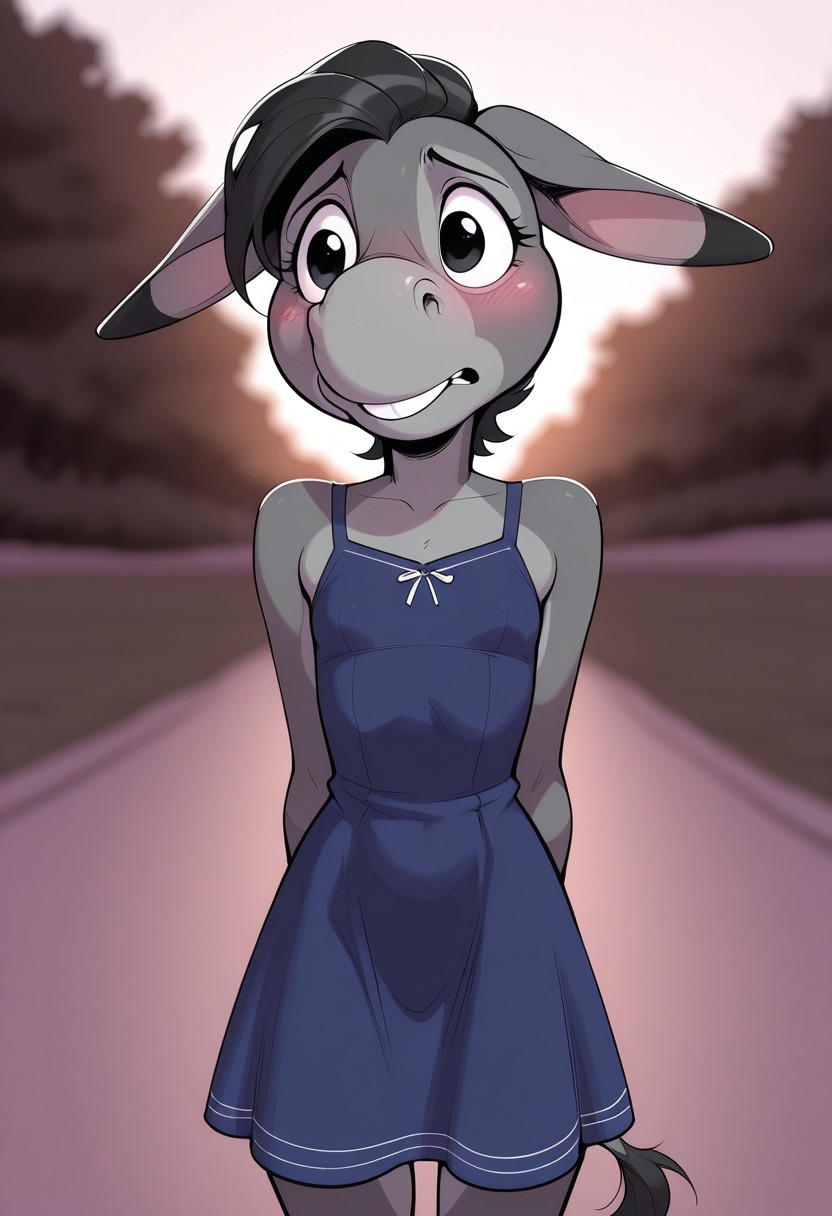 safe, furry, donkey, donkey ears, donkey tail, female, 1girl, cartoon, two tones fur, gray fur, black eyes, anthro, short, small breast, cute, buckteeth, petite body, sexy, outdoors, blue dress, simple dress, character focus,
masterpiece, best quality, amazing quality, very aesthetic, newest, depth of field, blurred background, dramatic lighting ,masterpiece, best quality, very aesthetic,8k,masterpiece, best quality, toon, masterpiece, best quality, 8k, simple_background, half close-up, sexy pose, blushing, small head, pretty girl, slim body,