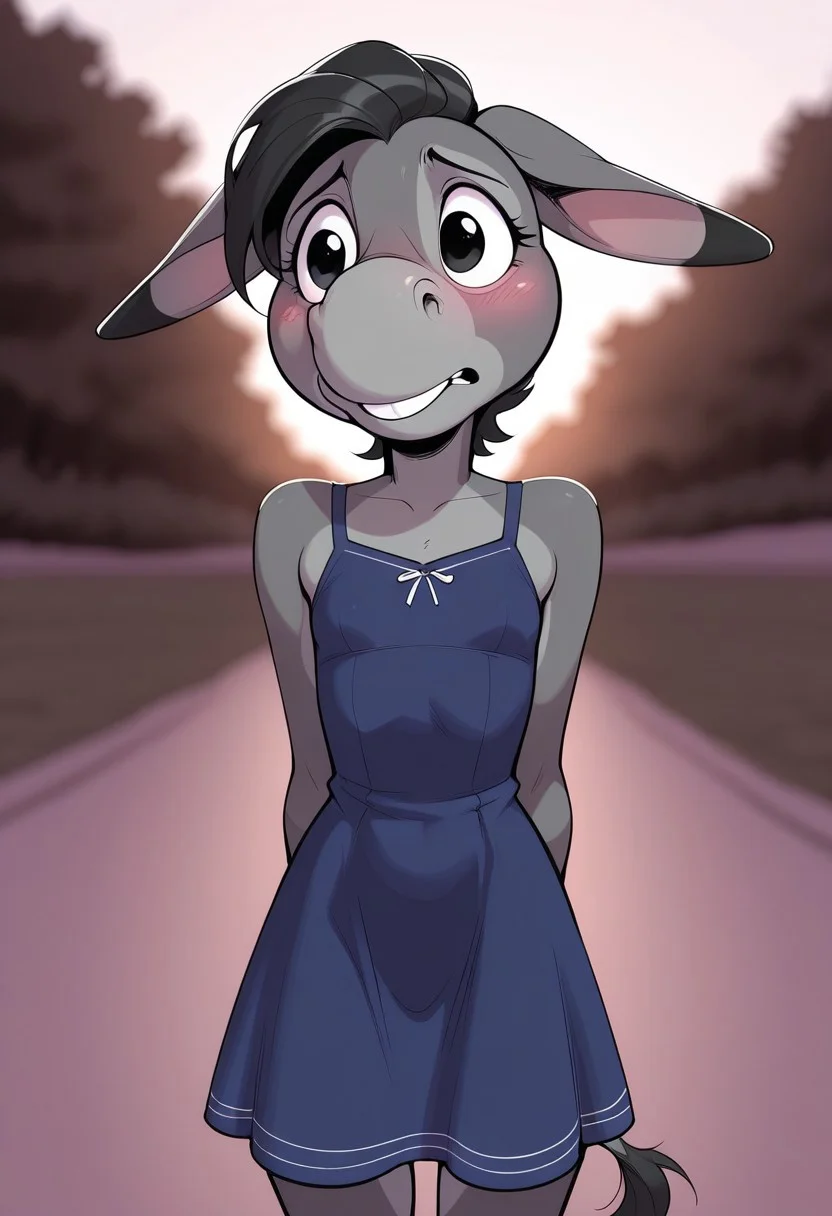 safe, furry, donkey, donkey ears, donkey tail, female, 1girl, cartoon, two tones fur, gray fur, black eyes, anthro, short, small breast, cute, buckteeth, petite body, sexy, outdoors, blue dress, simple dress, character focus,
masterpiece, best quality, amazing quality, very aesthetic, newest, depth of field, blurred background, dramatic lighting ,masterpiece, best quality, very aesthetic,8k,masterpiece, best quality, toon, masterpiece, best quality, 8k, simple_background, half close-up, sexy pose, blushing, small head, pretty girl, slim body,