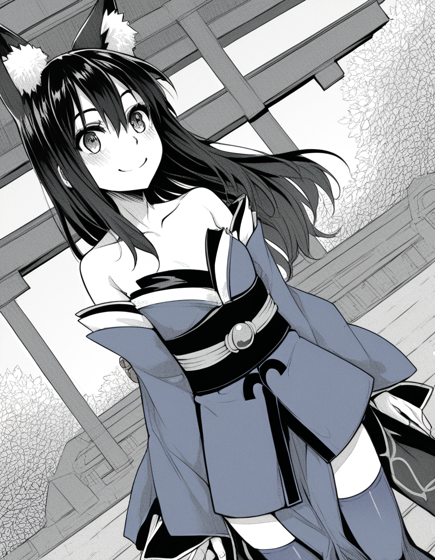 score_9, score_8_up, score_7_up, source_anime, sakiyoshida, <lora:saki-yoshida-manga-ponyxl-lora-nochekaiser:1>, saki yoshida, long hair, hair between eyes, monochrome, greyscale, black hair,, <lora:tamamo-no-mae-cosplay-ponyxl-lora-nochekaiser:1>, tamamonomaecosplay, tamamo no mae \(cosplay\), animal ears, bare shoulders, blue kimono, blue thighhighs, detached sleeves, fox ears, fox tail, japanese clothes, kimono, obi, sash, collarbone, thighhighs, wide sleeves,, shrine, smile, blush,, cowboy shot, dutch angle, solo,