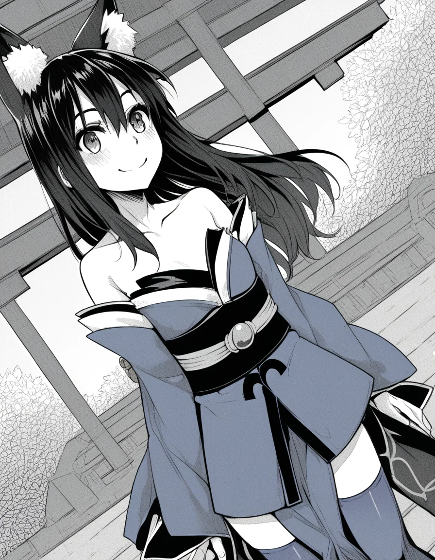 score_9, score_8_up, score_7_up, source_anime, sakiyoshida, <lora:saki-yoshida-manga-ponyxl-lora-nochekaiser:1>, saki yoshida, long hair, hair between eyes, monochrome, greyscale, black hair,, <lora:tamamo-no-mae-cosplay-ponyxl-lora-nochekaiser:1>, tamamonomaecosplay, tamamo no mae \(cosplay\), animal ears, bare shoulders, blue kimono, blue thighhighs, detached sleeves, fox ears, fox tail, japanese clothes, kimono, obi, sash, collarbone, thighhighs, wide sleeves,, shrine, smile, blush,, cowboy shot, dutch angle, solo,