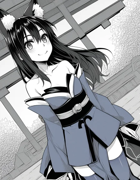score_9, score_8_up, score_7_up, source_anime, sakiyoshida, <lora:saki-yoshida-manga-ponyxl-lora-nochekaiser:1>, saki yoshida, long hair, hair between eyes, monochrome, greyscale, black hair,, <lora:tamamo-no-mae-cosplay-ponyxl-lora-nochekaiser:1>, tamamonomaecosplay, tamamo no mae \(cosplay\), animal ears, bare shoulders, blue kimono, blue thighhighs, detached sleeves, fox ears, fox tail, japanese clothes, kimono, obi, sash, collarbone, thighhighs, wide sleeves,, shrine, smile, blush,, cowboy shot, dutch angle, solo,