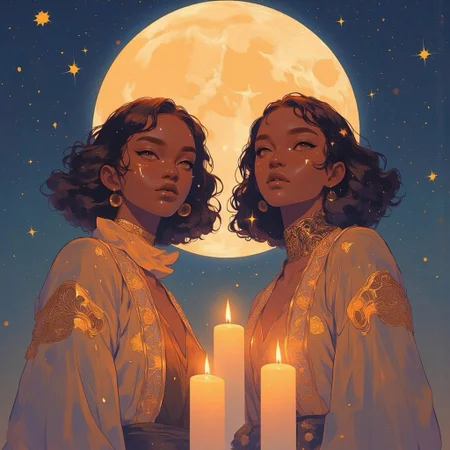 The full moon fills the image behind two beautiful exotic priestesses who look at the viewer with dark skin, dark hair, whimsical, ethereal, wearing embroidered tunics, candles, contemporary impressionism, in the style of Nicoletta Ceccoli, ambient light, warm colours, anime, cyberpunk