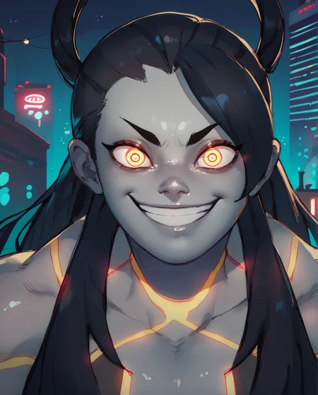 score_9,score_8_up,score_7_up,
sethxl,yin yang orb,black hair,hair rings bang,long hair,yellow eyes,
neon trim,colored skin, crazy eyes,
looking at viewer,smile,
cityscape,night,<lora:SethXL:1>,