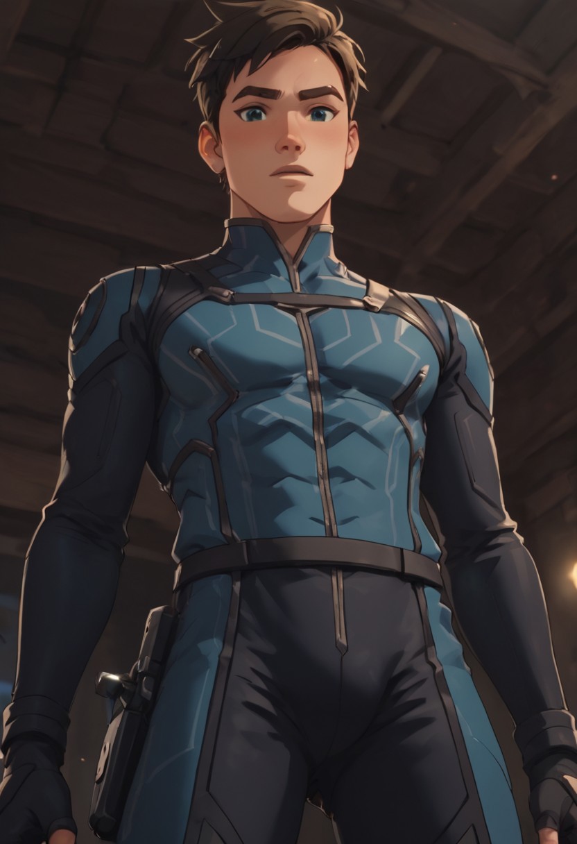 score_9, score_8_up, score_7_up, score_6_up, score_5_up, score_4_up, source_anime, masterpiece, perfect face, perfect eyes Callum is wearing a plug suit, view from below