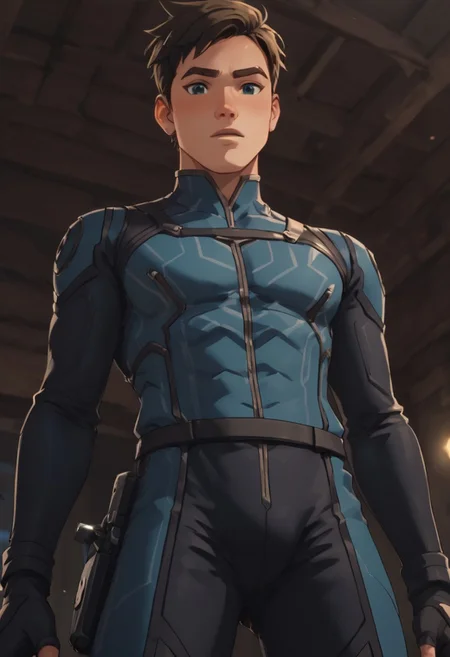 score_9, score_8_up, score_7_up, score_6_up, score_5_up, score_4_up, source_anime, masterpiece, perfect face, perfect eyes Callum is wearing a plug suit, view from below