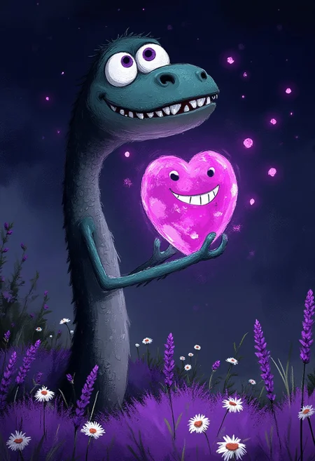 A whimsical illustration of a stretched T-Rex with tiny arms holding an enormous glowing crystalline heart, in dark whimsical art style, digital painting with scaly skin texture, purple lavender and white daisies swaying at his feet, characteristic Tim Burton inspired design with massive dinner-plate sized violet eyes and crooked grinning teeth that sparkle in moonlight