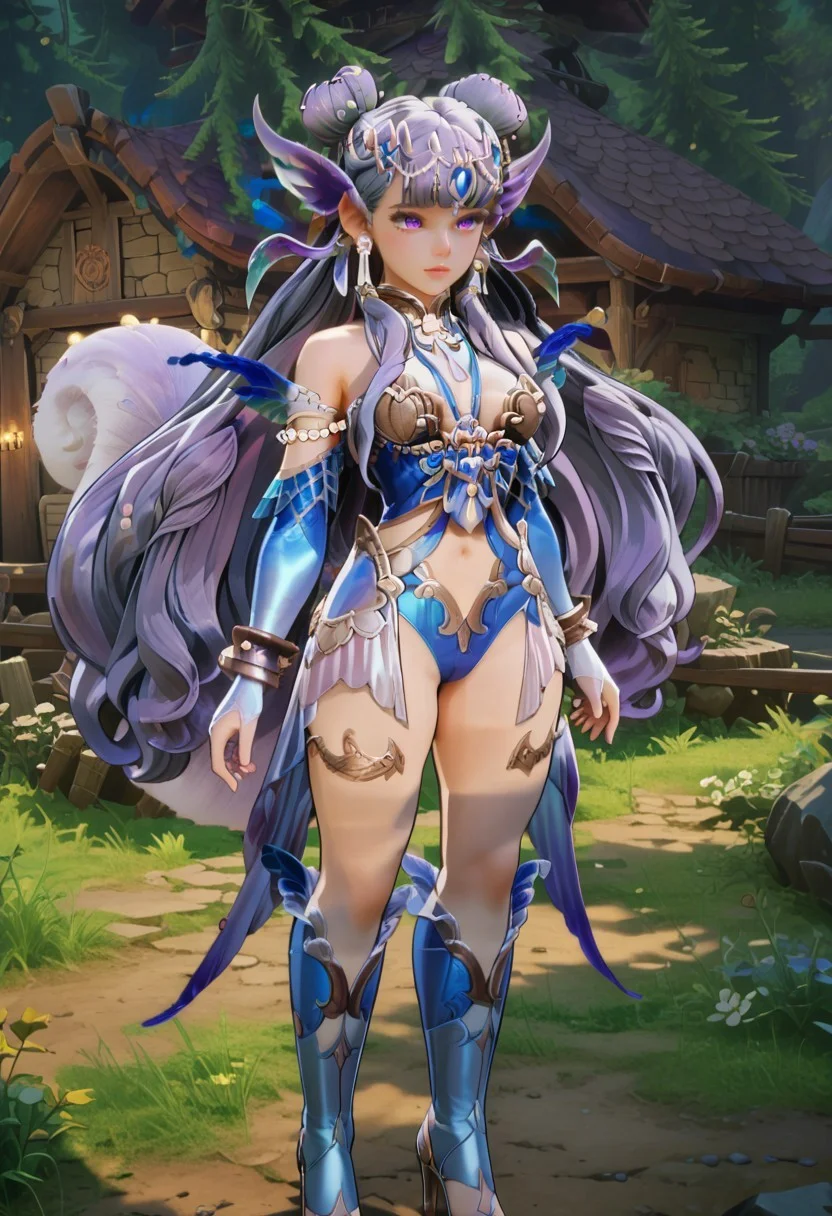 safe_pos, score_9, score_8_up, score_7_up,highly detailed, outside, woods,grandpalamena,1girl, bare shoulders, purple eyes, bridal gauntlets, double bun, long hair, feathers, hair bun, jewelry, solo, purple hair, leotard, navel ,navel cutout, breasts, earrings, hair ornament, very long hair, detached sleeves, high heels, see-through, toeless legwear