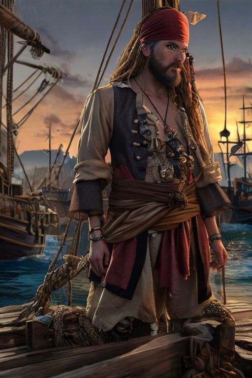 (masterpiece:1.2), (best quality,:1.2), 8k, HDR, ultra detailed, ((photorealistic)), professional light, cinematic lighting, fashion photography, ambient lighting, atmospheric effects, <lora:detail_slider_v4:2>, <lora:zoom_slider_v1:4>, a (male) pirate, long hair, beard, <lora:PirateGarb:0.5>, in a pirate harbor on a pirate island, <lora:PirateRealms:0.8>, PiRe, epiCPhoto