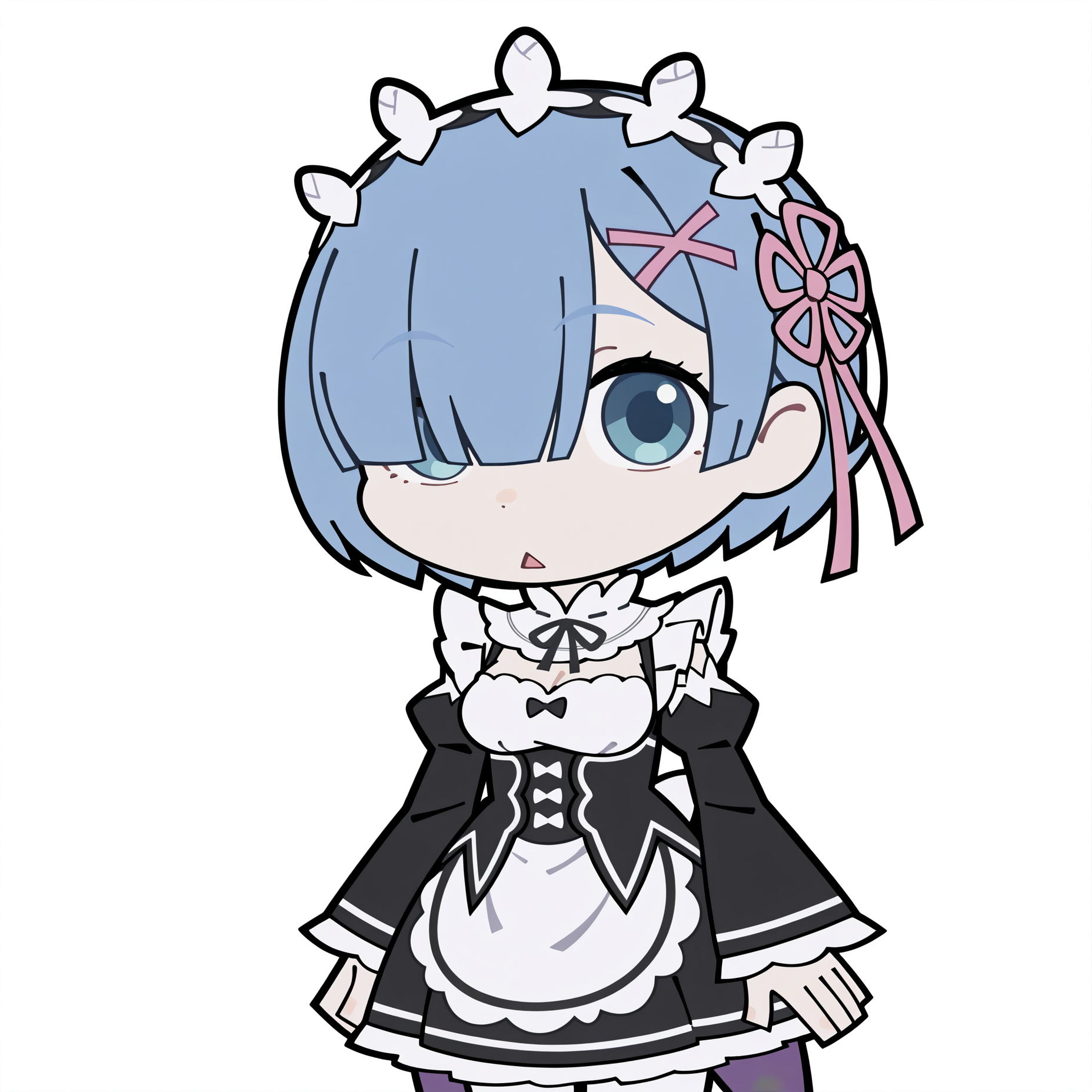 highres, hi res, best quality, masterpiece, 2d,
1girl, solo, female, blue eyes, blue hair, maid headdress, pink ribbon, rem \(re:zero\), 
maid headdress, maid, maid apron, long sleeves, frilled skirt, frills, frilled dress, frilled sleeves, maid dress, roswaal mansion maid uniform, 
cowboy shot, looking at viewer, chibi, meme, parody, triangle mouth, flat color,
depth of field, white background, simple background, <lora:ZZZ_Stroll_Sticker_ILXL:1>