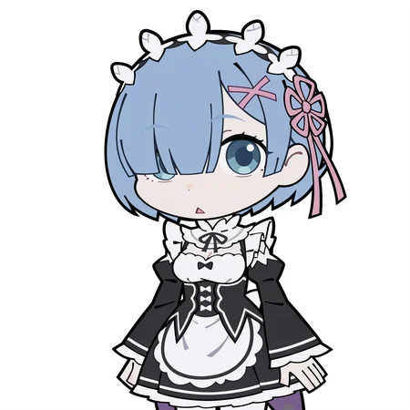 highres, hi res, best quality, masterpiece, 2d,
1girl, solo, female, blue eyes, blue hair, maid headdress, pink ribbon, rem \(re:zero\),
maid headdress, maid, maid apron, long sleeves, frilled skirt, frills, frilled dress, frilled sleeves, maid dress, roswaal mansion maid uniform,
cowboy shot, looking at viewer, chibi, meme, parody, triangle mouth, flat color,
depth of field, white background, simple background, <lora:ZZZ_Stroll_Sticker_ILXL:1>
