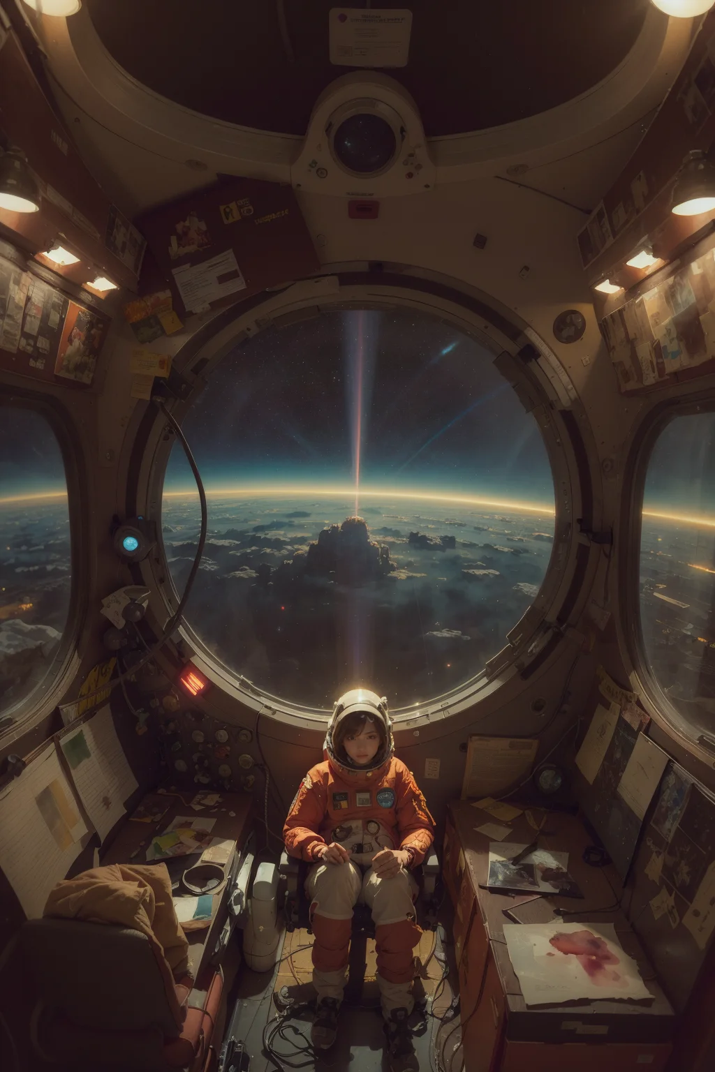 (masterpiece, top quality, best quality, extreme detailed, highest detailed, official art, beautiful and aesthetic:1.2), colorful, cowboy shot, beautiful face, solo, perfect body, 1girl, in space, spacecraft, spacesuit, sun rays, indoors, (wires and cables:1.1), (science fiction:1.2), porthole, illuminator, stars,fantasy, high contrast, ink strokes, explosions, over exposure, purple and red tone impression , abstract, ((watercolor painting by John Berkey and Jeremy Mann )) brush strokes, negative space,