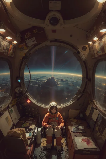 (masterpiece, top quality, best quality, extreme detailed, highest detailed, official art, beautiful and aesthetic:1.2), colorful, cowboy shot, beautiful face, solo, perfect body, 1girl, in space, spacecraft, spacesuit, sun rays, indoors, (wires and cables:1.1), (science fiction:1.2), porthole, illuminator, stars,fantasy, high contrast, ink strokes, explosions, over exposure, purple and red tone impression , abstract, ((watercolor painting by John Berkey and Jeremy Mann )) brush strokes, negative space,