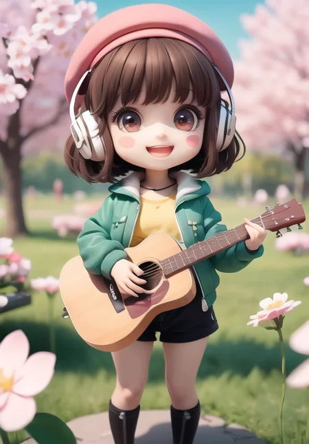 (masterpiece),(best quality),(ultra-detailed), (full body:1.2), 1girl,chibi,cute, smile, open mouth, flower, outdoors, Piano, music, beret, holding guitar, jacket, blush, tree, :3, shirt, short hair, cherry blossoms, green headwear, blurry, brown hair, blush stickers, long sleeves, bangs, headphones, black hair, pink flower, (beautiful detailed face), (beautiful detailed eyes), <lora:blindbox_V1Mix:1>