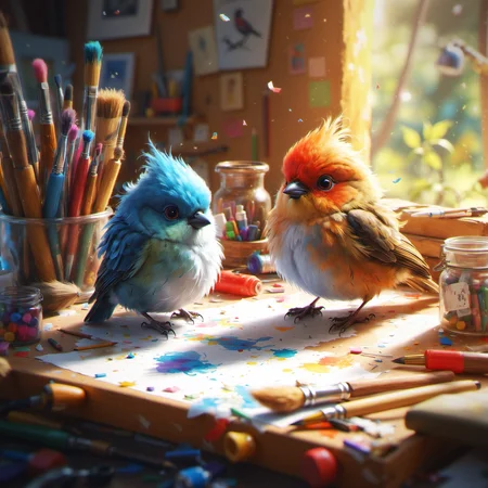 hyper detailed, 4k, masterpiece, concept art, concept art, whimsical and realistic style, two small birds perched on a desk cluttered with art supplies, one bird with a light blue chest and the other with a red crest, detailed feathers and expressive eyes, background blurred with splashes of color resembling a painter's studio, warm and natural lighting, playful and charming atmosphere, capturing a moment of curiosity and interaction between the birds