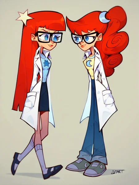 score_9, score_8_up, score_7_up, score_6_up, score_5_up, <lora:SusanMarytestXLP:1> jt, labcoat, glasses, red hair, long hair, susan test, 2girls, blue eyes, mary test,