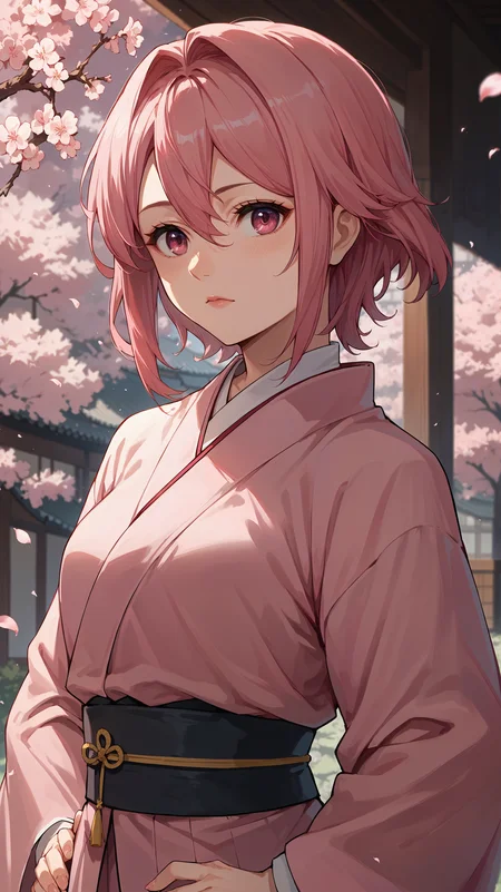 score_9,score_8_up,score_7_up,score_6_up, <lora:xl_more_art-full_v1:0.5>, source_anime, girl, dynamic pose, standing with hands on hips, <lora:Aira Shiratori - Pony:0.7>, short hair, pink hair, hair between eyes, pink eyes, pink kimono, sakura blossoms, cherry blossoms, pedals, upper body, blurry foreground,
