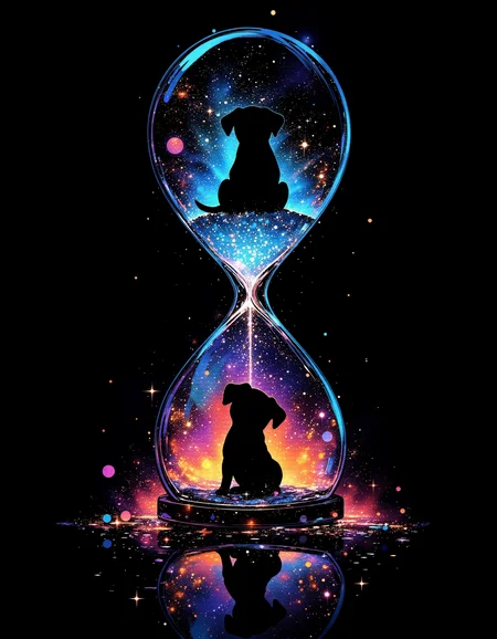 aidmamj6.1, vibrant reflective holographic drawing in the style of ckhg art of Silhouette of a puppy surrounded by sparkling light particles
Puppy inside at the top of the hourglass, particles cascading down from the puppy
black background
Fantastic and mysterious illustration like a world in a dream
 <lora:aidmaMJ6.1_v0.5_3:0.4>  <lora:ck-holographic-glitter-000015:0.5>