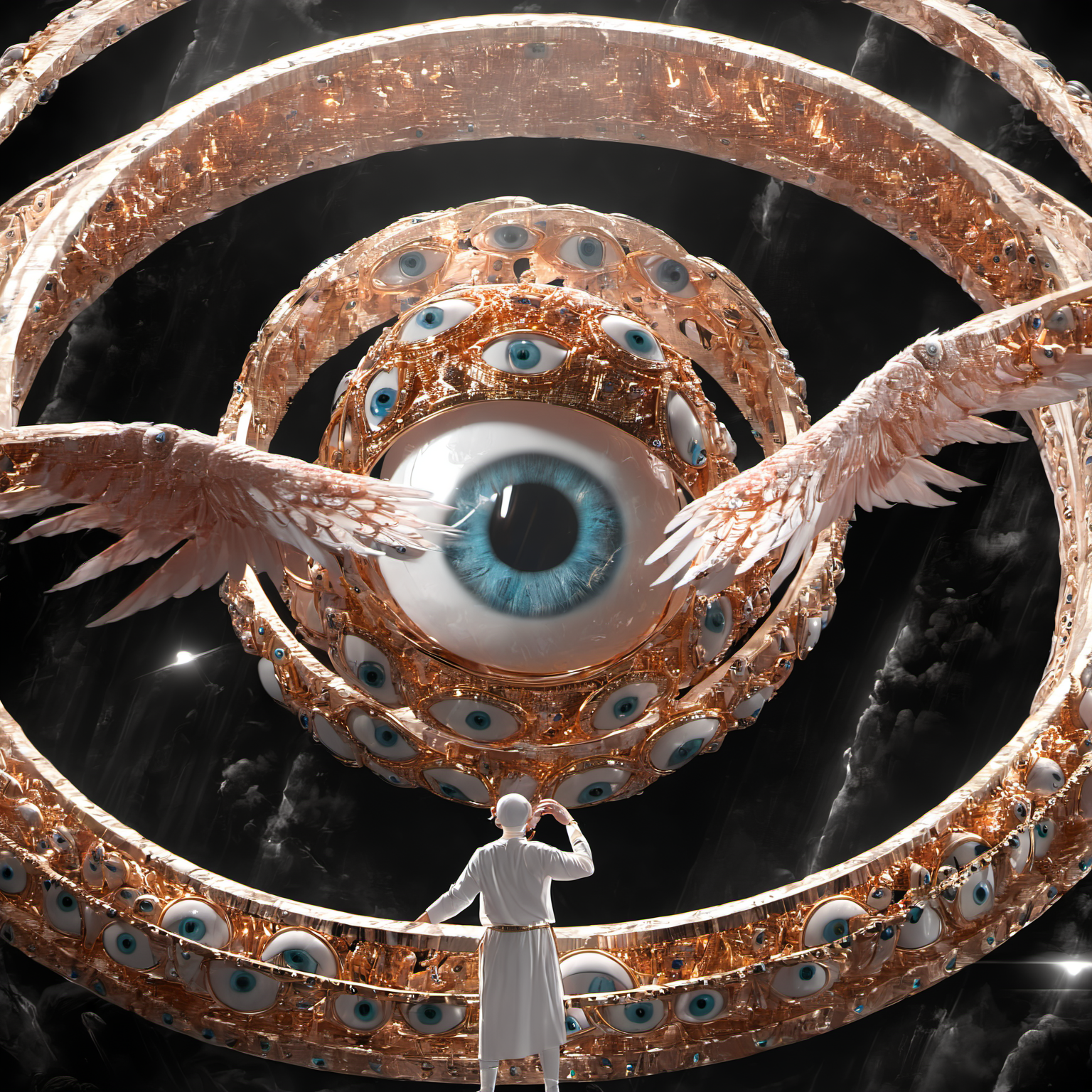 seraphins, mystical creature with hundreds of eyes and wings, with the shape of a giant ring, circular hoops around body, massive size, angelical lights <lora:Seraphins1.0-000038:0.8>