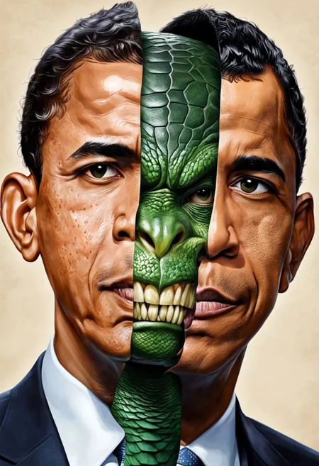 split head and body, split barak Obama, inside green Reptilian