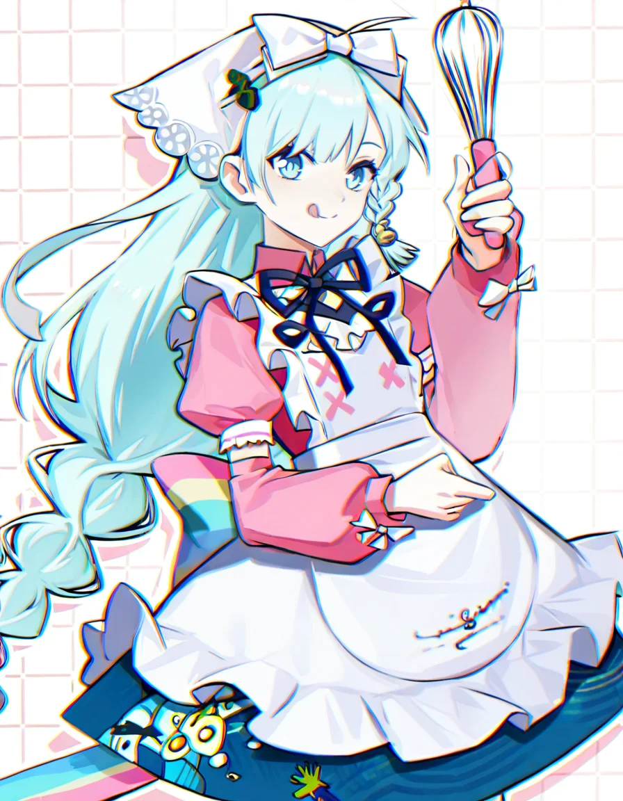 yuebai02,anotherstyle2,1girl,solo,blue hair,long hair,apron,bow,blue eyes,white background,braid,white bow,whisk,tongue out,very long hair,holding,tongue,pink shirt,puffy sleeves,hair bow,dress,chromatic aberration,head scarf,pink bow,low-tied long hair,light blue hair,white apron,
<lora:yuebai_noob:1>,masterpiece,best quality,very aesthetic,absurdres,