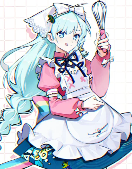 yuebai02,anotherstyle2,1girl,solo,blue hair,long hair,apron,bow,blue eyes,white background,braid,white bow,whisk,tongue out,very long hair,holding,tongue,pink shirt,puffy sleeves,hair bow,dress,chromatic aberration,head scarf,pink bow,low-tied long hair,light blue hair,white apron,
<lora:yuebai_noob:1>,masterpiece,best quality,very aesthetic,absurdres,