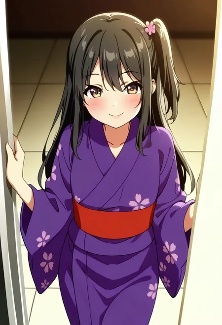 masterpiece, best quality, 1girl, solo, brown eyes, black hair, long hair, hair ornament, one side up, japanese clothes, side ponytail, sash,
, blush, blurry, tile floor, cowboy shot, smile, looking at viewer,