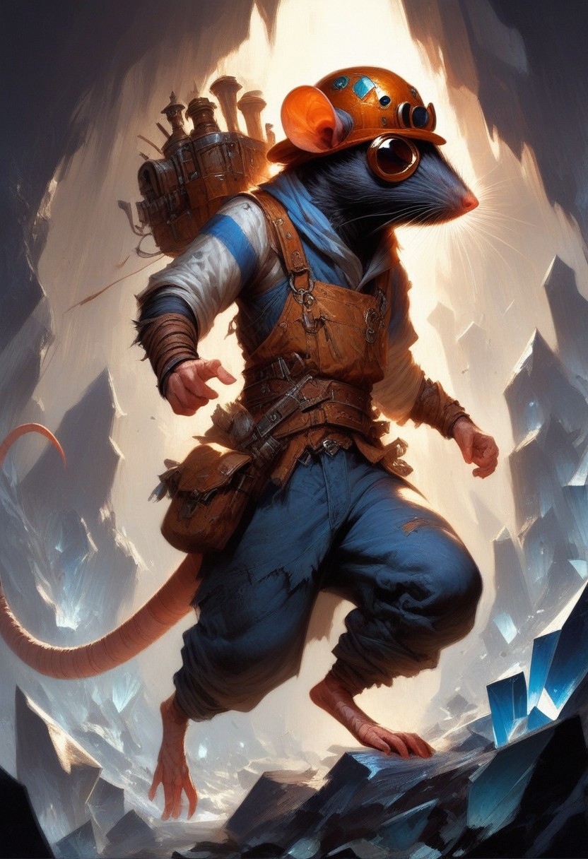BREAK score_9, score_8_up, score_7_up, crystal caves, (mine: 1.2), purple crystals, solo,  rat man, overalls,  wearing goggles, brown eyes,  dynamic pose, hard hat, fully body shot , (throwing bomb: 1.2) , full body shot, (one tail: 1.5)
(masterpiece, best quality, ultra detailed, intricate details:1.2), (detailed face:1.1), (rat folk:1.5)