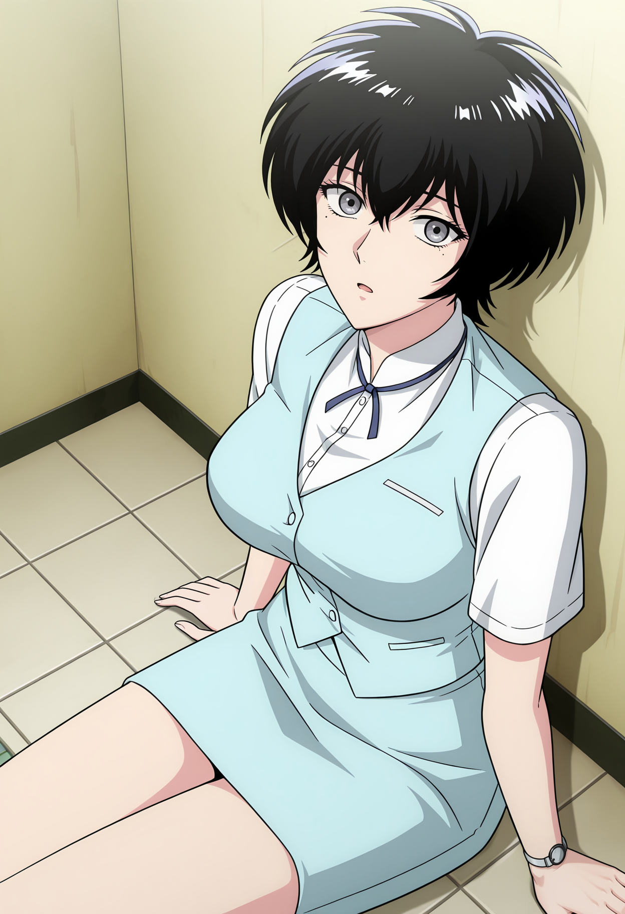 <lora:Reiko Kujirai-000030:1>,
Reiko Kujirai,grey eyes,black hair,mole under eye,short hair,
light blue vest,light blue skirt,white shirt,pencil skirt,
open mouth,tiles,breasts,tile floor,sitting,short sleeves,watch,wristwatch,indoors,1girl,solo,looking at viewer,ribbon