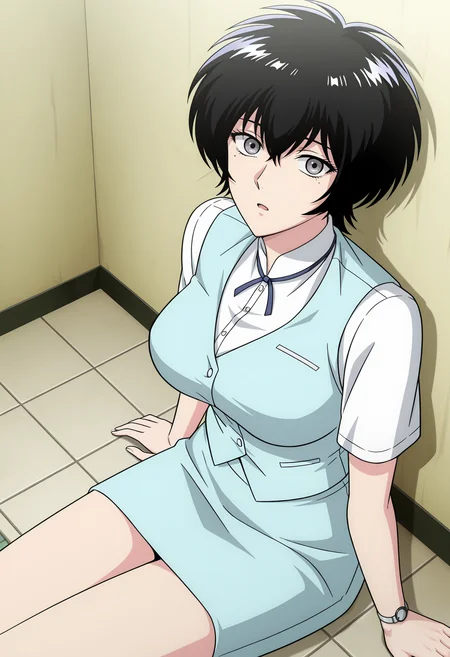 <lora:Reiko Kujirai-000030:1>,
Reiko Kujirai,grey eyes,black hair,mole under eye,short hair,
light blue vest,light blue skirt,white shirt,pencil skirt,
open mouth,tiles,breasts,tile floor,sitting,short sleeves,watch,wristwatch,indoors,1girl,solo,looking at viewer,ribbon