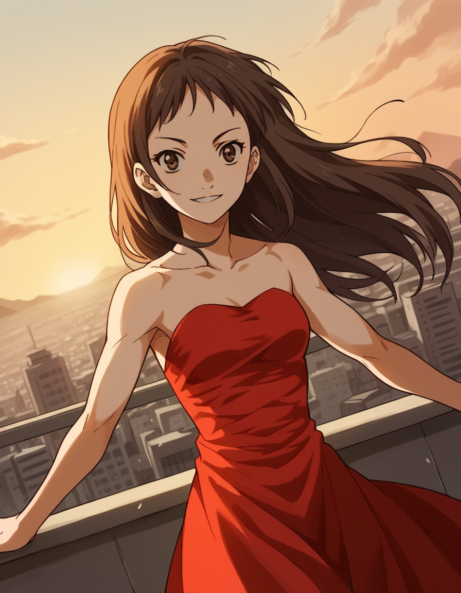 score_9, score_8_up, score_7_up, source_anime, <lora:emi-igawa-s1-ponyxl-lora-nochekaiser:1>,, emi igawa, long hair, brown eyes,, dress, red dress, collarbone, bare shoulders,, rooftop, sunset, cityscape, quiet moment, wind blowing, contemplative, smile, looking at viewer, arm flexed showing muscle, solo,, cowboy shot, dutch angle