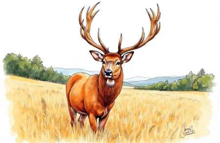 Sharp image of a rough sketch, rendered in vibrant multi colour ballpoint pen, capturing the adorable features of a large deer standing in a field of tall grass. The deer has a reddish-brown coat and large antlers that are spread out in all directions. Its head is turned slightly to the side and its eyes are looking directly at the camera. In the background, there are trees and hills, and the sky is overcast. The overall mood of the image is peaceful and serene. p3nsk, <lora:p3nsk:1>