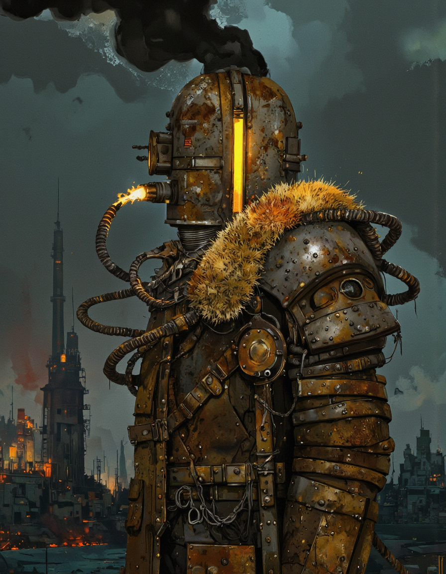 Art by Ismail Inceoglu.
Dieselpunk entity clad in heavy, oil-slicked metal armor, covered in rivets and gears. Faceless iron mask with a single vertical slit emitting a dull yellow light, marred by rust and soot. Twisting cables snake from the head, sparking with electricity. Cloak of black smoke pours from exhaust vents. Background of a dark, industrial wasteland with towering smokestacks and ruined factories.
dynamic composition, dramatic lighting, deep shadows, dof, cinematic. Buildings, decaying building, ancient city.