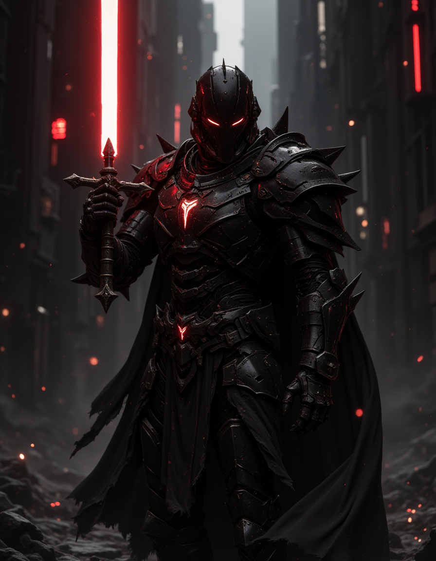 A black cyborg knight, cyborg armor, holding a red laser sword, dark planet black buildings, red light, cinematic, FredFraiStyle
